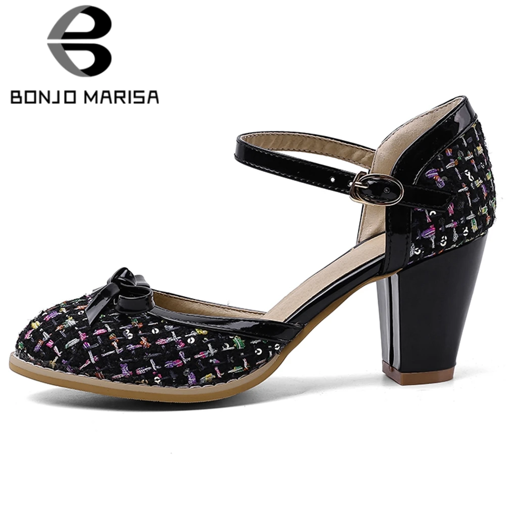 

BONJOMARISA New Elegant Lady Pumps Butterfly Knot Round Toe Buckle Strap Pumps Women Mixed Color Spring High Heels Shoes Woman