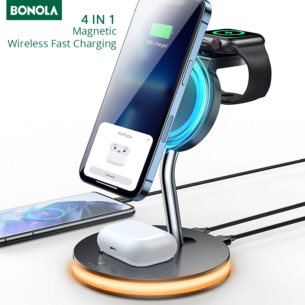 Беспроводная зарядка 4 в 1 Bonola Qi 15 Вт для iPhone 13 11 12X8 Plus Быстрая Apple Watch 6 5/Airpod Pro/2