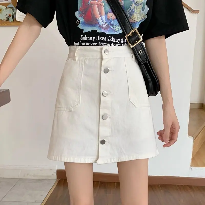 Women Casual Summer Mid Waist Shorts Denim Jean Shorts Junior Short Jeans 2 Layers Buttons Decor Pockets Korean Teens Ullzang