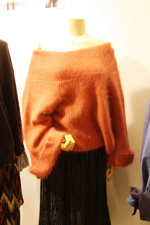 Orange pink Корейский ленивый стиль негабаритных сексуальный с открытыми плечами свитер для женщин осень зима пушистый мохер свитера пуловеры Свободные Джемперы для женщин - Цвет: Orange pink