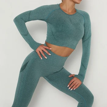 Women Sport Suit Yoga Clothing Set Workout Gym Long Sleeve Fitness Crop Top + High Waist Seamless Energy Workout Leggins 5