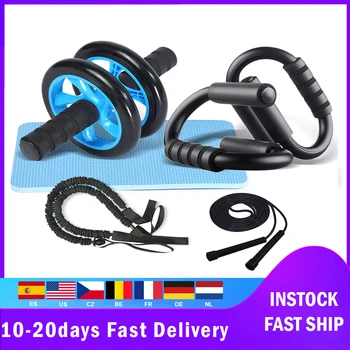 

Home Gym Fitness Equipment 4-in-1 Muscle Trainer Wheel Roller Kit Abdominal Roller Push Up Bar Jump Rope Workout Gym