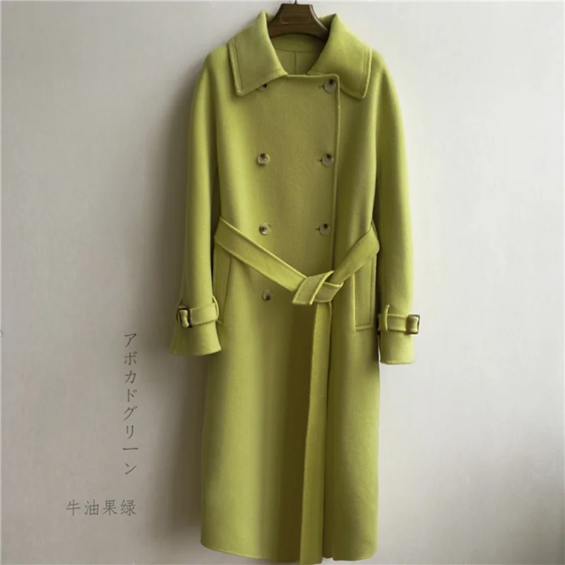 Avocado green Осень Зима Новое кашемировое пальто женское корейское двухстороннее сшитое вручную длинное шерстяное пальто Высококачественная ветровка Женское пальто - Цвет: Avocado green