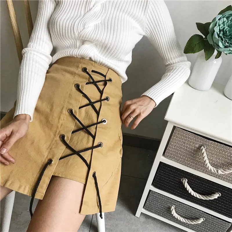 Женские сексуальные черные джинсовые юбки летние однотонные мини на шнуровке