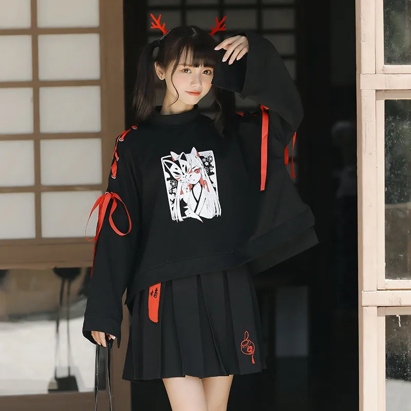 Lychee Harajuku, кружевная маска, лиса, демон, дьявол, принт, Женская толстовка, осень, свободный женский спортивный костюм, черные женские пуловеры