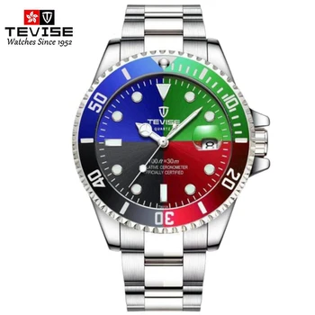

Luxury Watches Men Automatic Mechanical Steel Strap TEVISE Classic Style Blue Green Black Red Rotatable Bezel Business Watch