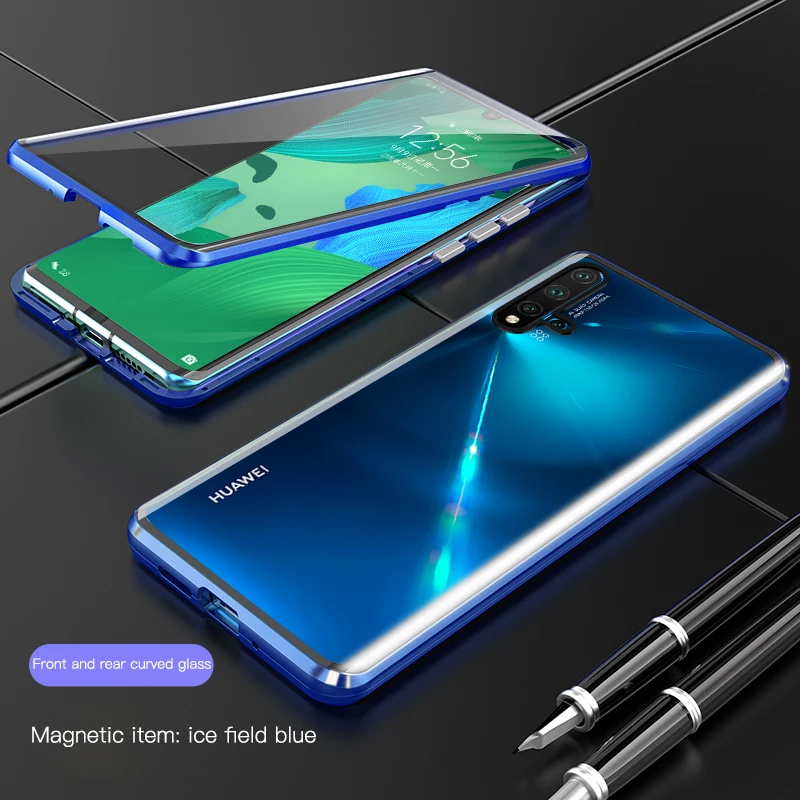 Магнитный металлический двойной стеклянный чехол для телефона huawei P30 P20 Pro Nova 5 Роскошный магнит адсорбционная Защитная крышка Coque Funda Shell - Цвет: Blue
