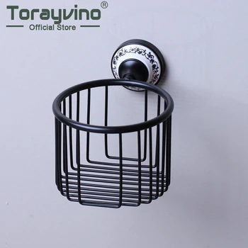 

Wall Mounted Black Brass Bathroom Paper Basket Ceramic handle Bath Shower Shelf Oval Basket Holder Building Material