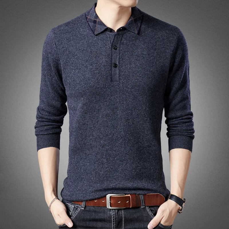 Mens Sweaters 2019 Autumn New Men's Casual Pure Wool Sweater Fashion Lapel Trend Sweater Base Plus Size Sweater