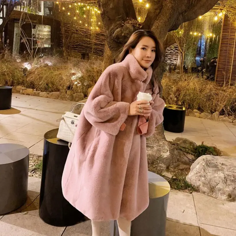 Genuo Новинка, теплое зимнее пальто с воротником-стойкой, длинное однотонное пальто из искусственного меха, повседневное пальто с длинным рукавом, женская меховая куртка, верхняя одежда - Цвет: Pink