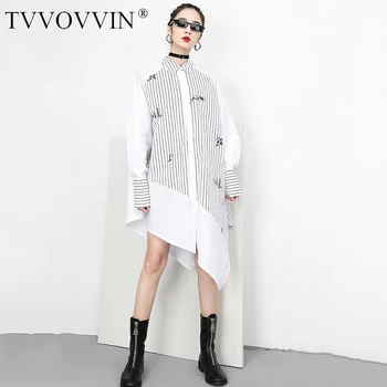 

China Women White Printed Asymmetrical Big Size Blouse New Lapel Long Sleeve Loose Fit Shirt Fashion Spring Autumn 2020 P064