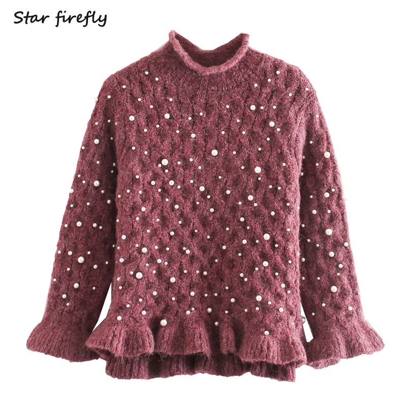 Star firefly fashion Za sweater women 2020 winter casual Slim solid collar faux pearl embellished petal sleeve knitwear | Женская одежда