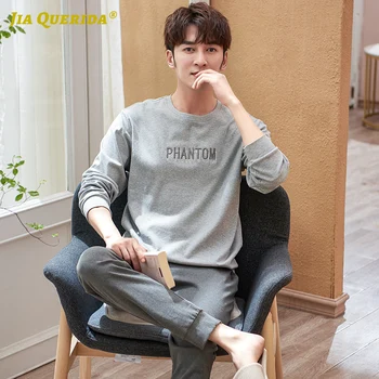 

New Gray Man Long Sleeve Long Pants Sleepwear 100% Cotton Pijama Set Crew Neck Letter Printing Solid Man Clothes Pj Set
