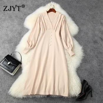 

Elegant Lantern Sleeve V Neck Knitting Sweater Dress Woman Autumn Winter Clothes 2020 New Fashion Casual Female Vestidos