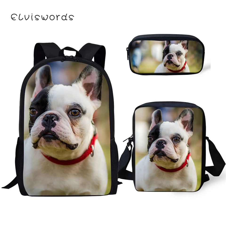 

ELVISWORDS Kids Backpack Clever Bulldog Prints Pattern School Bags Lively Animal Design 3PC/Set Students Back to School Book Bag