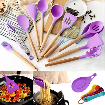 

1Pcs Silicone Cooking Utensils Set Non-stick Spatula Shovel Wooden Handle Cooking Tools Set Special Heat-resistant Design