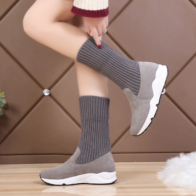 New Ladies Winter Knit Sneakers Women Shoes Designer Winter Sneakers Fur Warm Plush Sport Sock Boots Casual Shoes Female