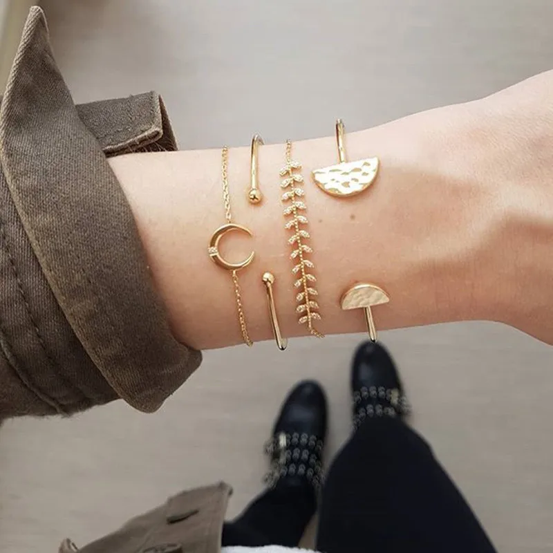 Retro Female Moon Leaves Round Crystal Gem Chain Opening Gold Geometry Beach Bracelet Set Fashion Jewelry Gift | Украшения и