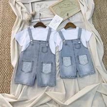 INS детская одежда стиль, в Корейском стиле; сезон лето-Стиль Для мужчин и Для женщин детей Повседневное штаны с подтяжками, верхняя нарядная одежда для мальчиков футболка в ковбойском стиле Suspende