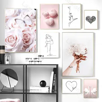 

Home Decor Nordic Posters HD Prints Pink Canvas Painting Rose Butterfly Flower Swan Woman Love Line Art Wall Picture Living Room