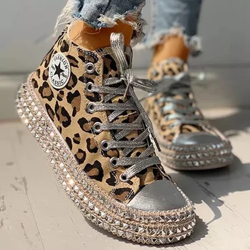 

Woman Spring Leopard print Canvas Fashion Sneakers Rhinestone sequin flat Wild women's shoes Youth casual shoes Plus Size