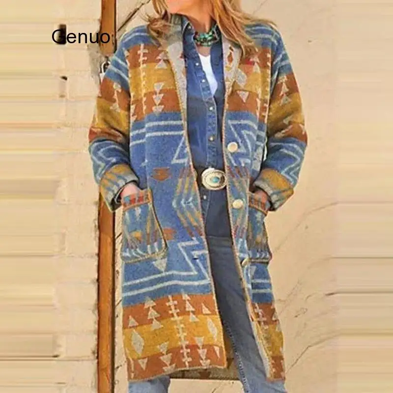 

2020 Autumn Winter Overcoat Expert Nation Style Printing Long Sleeve Trench Coat Women Basic Outerwear Coats Retro Pocket Trench