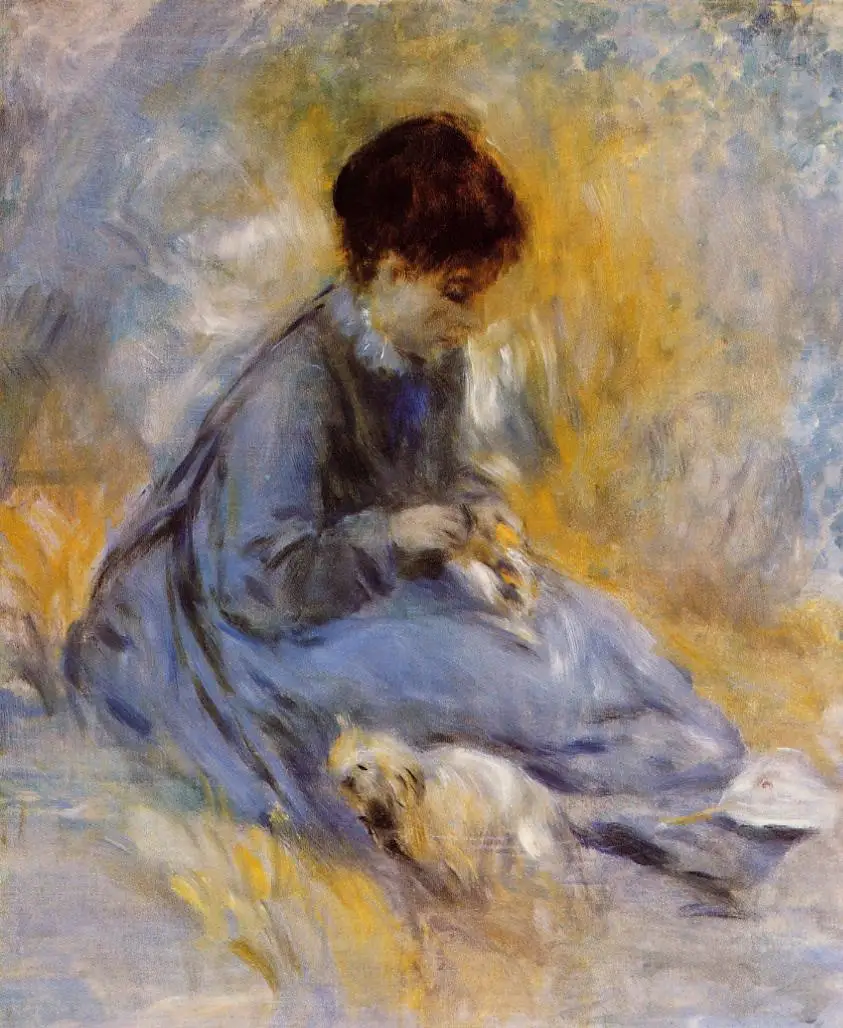 

Young Woman with a Dog by Pierre Auguste Renoir Portrait Oil Painting Handmade Famous Canvas Wall Art Reproductions for Hotel