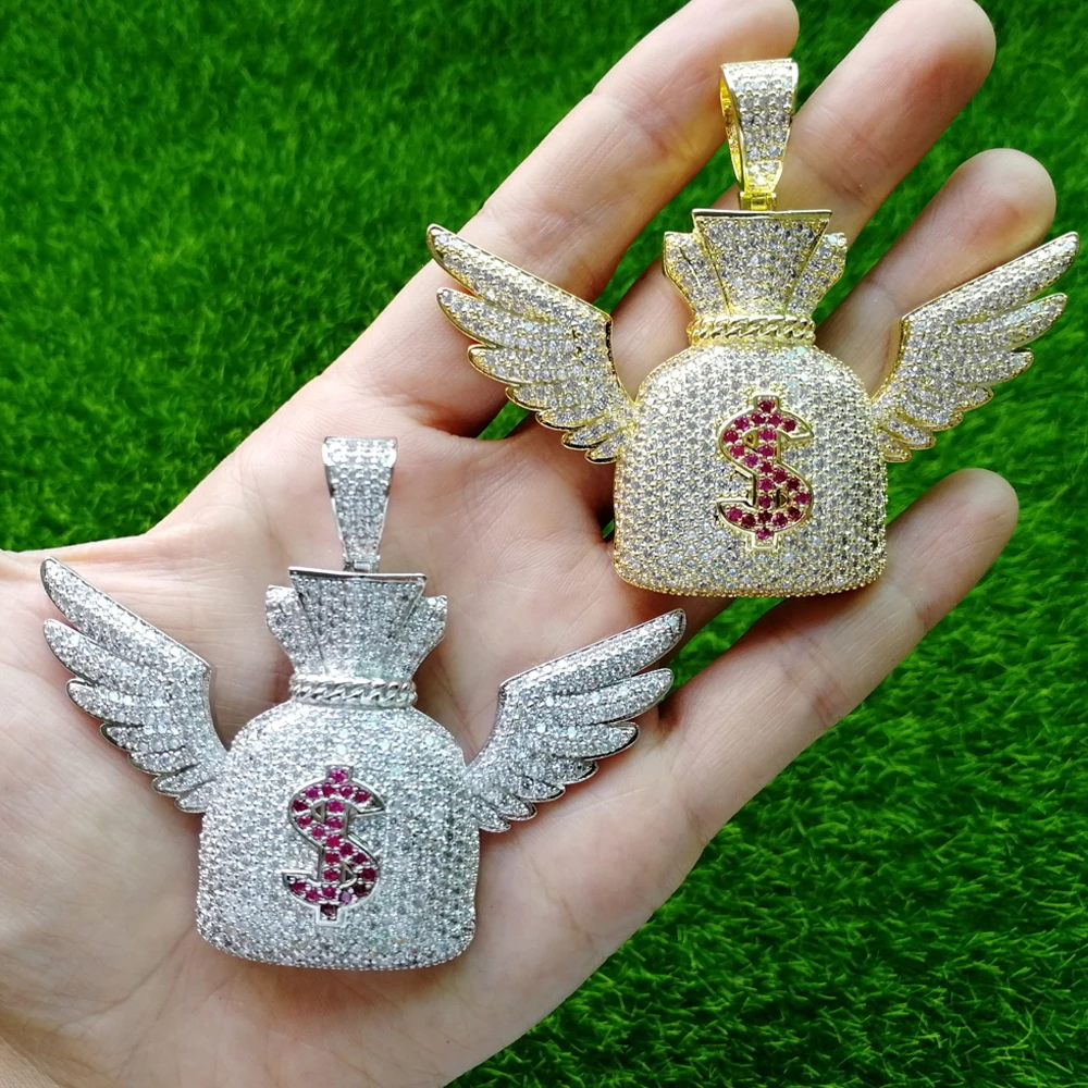 

ICED OUT AAA CZ Flying Money bag With wing dollor $ Pendants Necklace Men And Women CN501