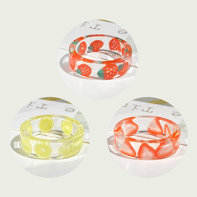Korea Colorful Fashion Resin Fruit Ring Set Metal Geometric Irregular Open Rings for Women Party Wedding Jewelry Ring Set