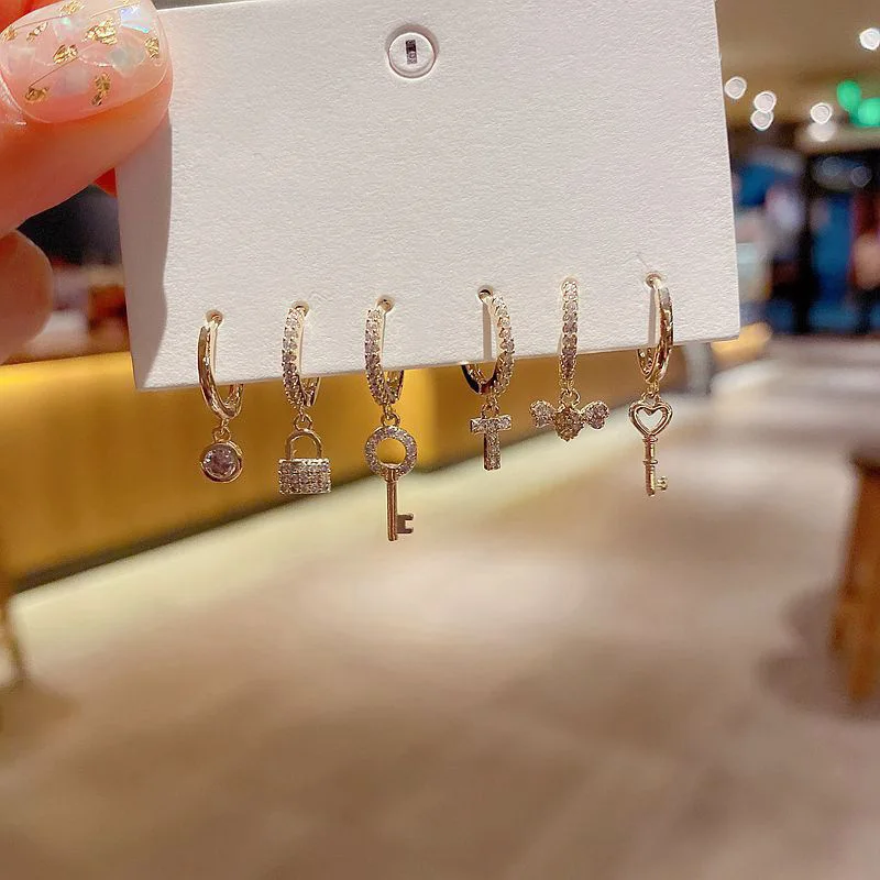 ALLNEWME Korean Small Lock Key Cross Pendant Earrings for Women Ladies Full Shinning Rhinestone Earrings Exquisite Accessories