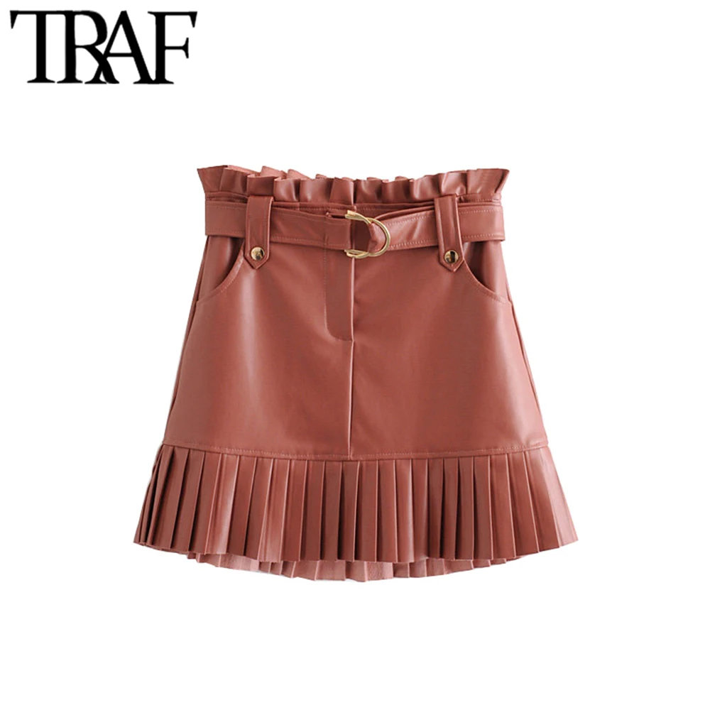 

TRAF Women Stylish Pleated Faux PU Leather Pockets Mini Skirt Vintage Fashion Zipper Fly With Belt Ladies Short Skirt Chic Faldas Mujer