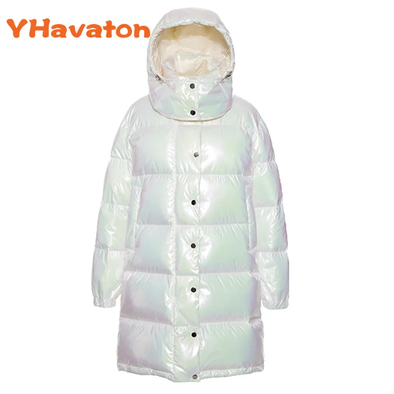 YHavaton degradado suelto Color Chaqueta brillante de abajo WomenMid-longitud estilo coreano de invierno bolsillo blanco chaqueta de plumón de pato, abrigo de mujer