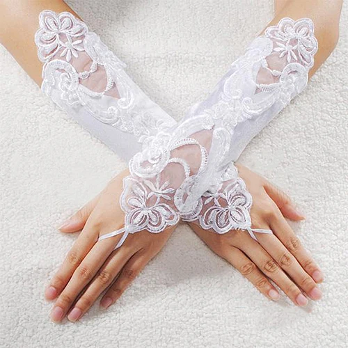 Модный сексуальный Braut Partei Fingerlose Perle Spitze Satin Handschuhe Kostüm Braut Weiß Rot Spitze Handschuhe Hochzeit zubehёr