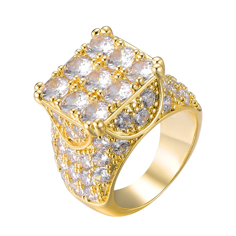 Хип хоп полный кубический подвеска с цирконом Iced Out Bling популярный Tready квадратный медь циркон кольцо для мужчин ювелирные изделия золото серебро Размер 8-11 - Цвет основного камня: Gold