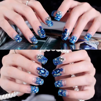 

24Pcs Professional Fake Nails Crystal Rhinestone Blue Color For Weddings Nail Press On French False Manicure Extension Tips 2020