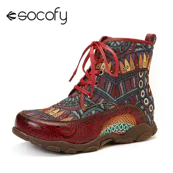 

SOCOFY Bohemian Style Retro Big Head Soft Genuine Leather Splicing Flat Ankle Boots Elegant Shoes Women Shoes Botas Mujer