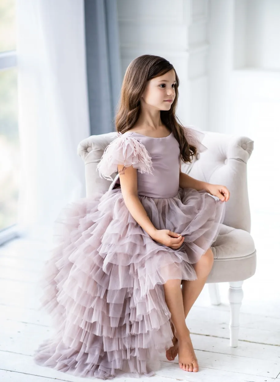 Фиолетовые платья с цветочным узором для девочек, детские вечерние платья с рукавами-крылышками, платье на крестины