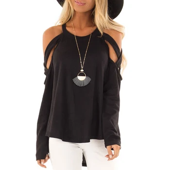 

Solid Color Stitching Women Sexy Tops Tee Hetler Neck Off Shoulder Long Sleeve Shirts Ireegular Ladies Cloth Casual Soft T-Shirt