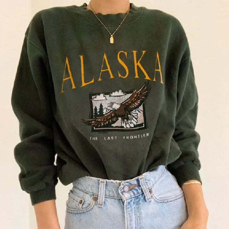 Женский свитшот с буквенным орлом зеленый утепленный пуловер длинным рукавом и