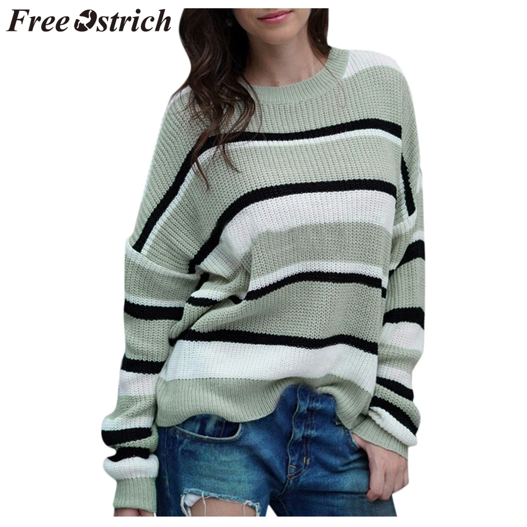 

FREE OSTRICH Matching Sweater Women Round Neck Color Stripe Knit Splice Long Sleeve Autumn Winter Woman Sweaters Pullovers