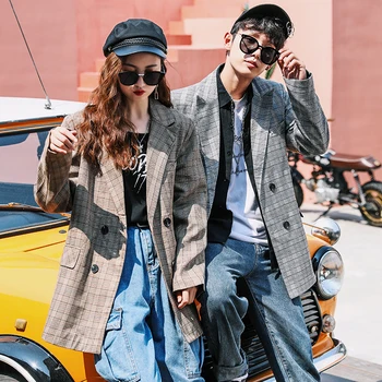 

2019 Autumn New Hong Kong Style Couple Web Celebrity Casual Check Long Suit Jacket Men Large Size Windbreaker Male Long Coat