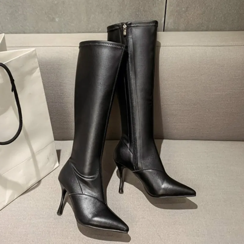 

High Quality Black Leather Boots for Women Pointed Toe High Thin Heel Zip Knee High Long Boots Womens Shoes Female Booties P317