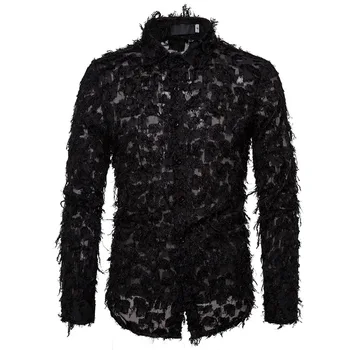 

Mens Black Casual Button Down Dress Shirts Party Nightclub Feather Shirt Men Slim Fit Long Sleeve Stage Prom Shirt Chemise Homme