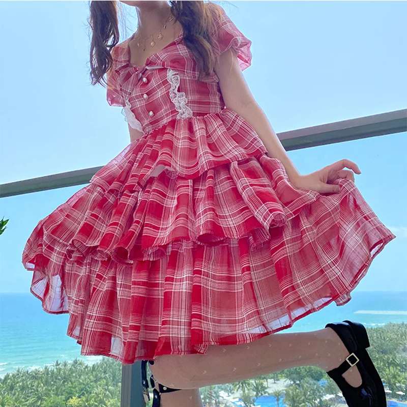 

Платье принцессы для чайной вечеринки, Сладкая Лолита, винтажное клетчатое платье с бантом и высокой талией в викторианском стиле, кавайное платье для девочек, Готическая Лолита, лоли, косплей