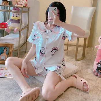 

2020 Summer Short Sleeve Print Pajama Sets for Women Cardigan Shorts Sleepwear Suit Pyjama Outwear Homewear Pijama Mujer Clothes