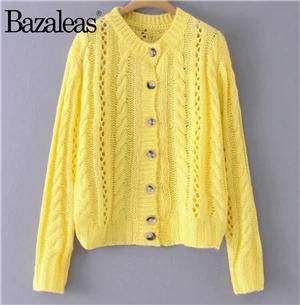 Bazaleas Винтаж желтые центральные значки теплые Kintted Carfigans Франция элегантный Jaune женский свитер ретро мягкий Повседневный Прямая - Цвет: C55 yellow 1318