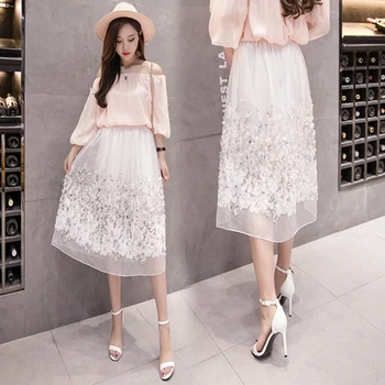 

2020 Spring Summer Puff Women Organza Tulle Skirt White faldas High waist Midi Appliques Floral Sakter Skirt Female Tutu Skirts