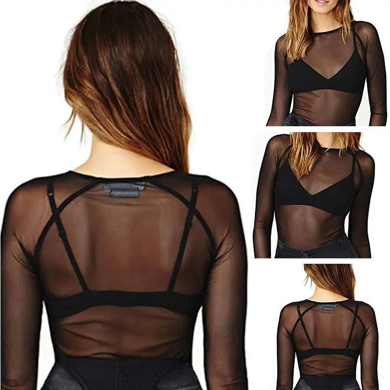 Женская прозрачная сетчатая облегающая блузка, топы, Клубная одежда, новинка, круглый вырез, черный, прозрачный