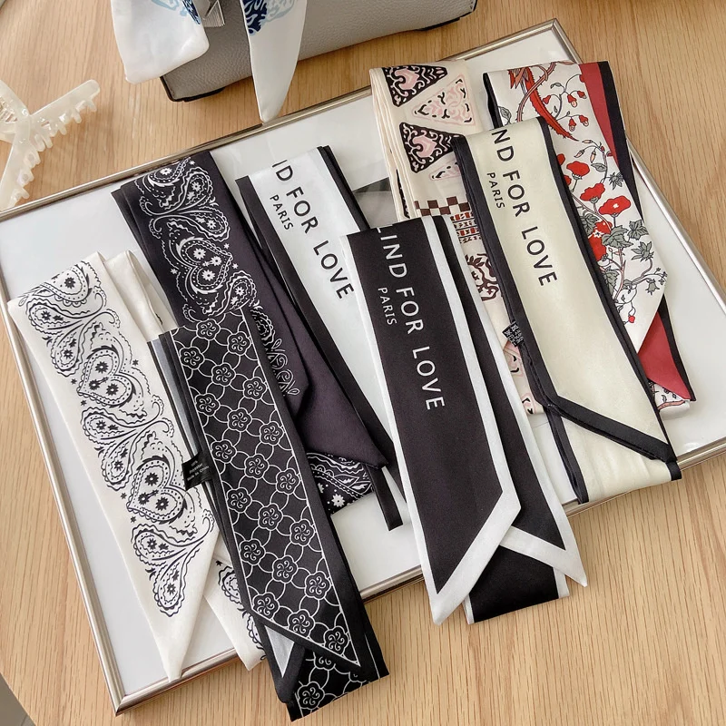 

2022 Solid Letter Hair Scarf Women Skinny Silk Satin Ribbon Desiger Neck Tie Girls Hand Bag Wirst Belt Headscarf Accessories