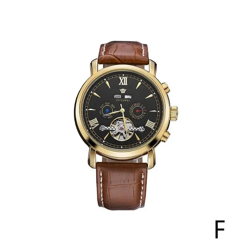 Hot Sale OUYAWEI Leather Automatic Multi-function Men's 30m Waterproof Mechanical Watch Luxury Brand Men Fashion Watches - Color: F